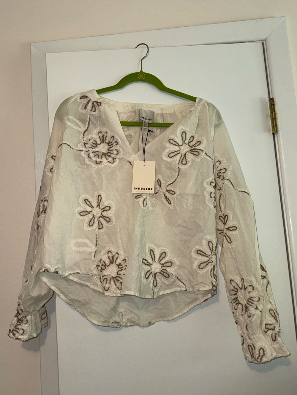 Embroidered Cream Tie-Neck Peasant Blouse - Women - Picture 5 of 7